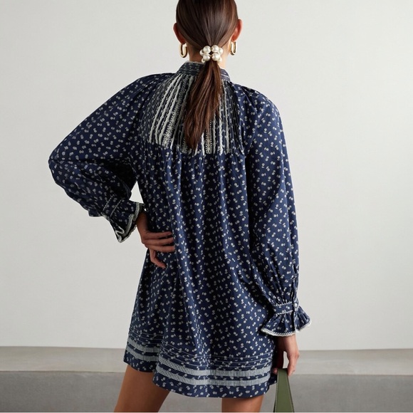 Doen Beatrice Navy and White Floral Mini Dress Cotton Poplin - Picture 2 of 14